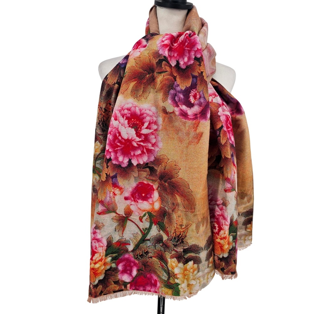 Jessica McClintock Floral Fringe Scarf Shawl Wrap OS Pink Multi Boho Spring